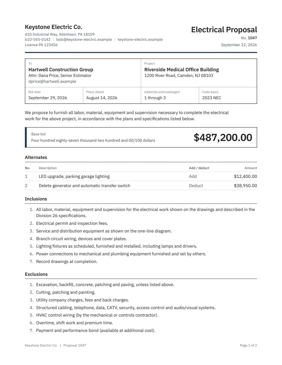 The same bid as a Bidletter proposal: letterhead, a ruled block with the job details, and the base bid in figures and words.